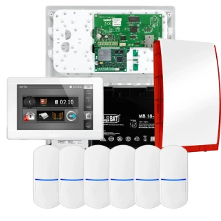SATEL INTEGRA 32 Alarmset, 6x PET-Sensor, Signalgeber, weißes Bedienteil INT-TSI-W, LTE-Kommunikation
