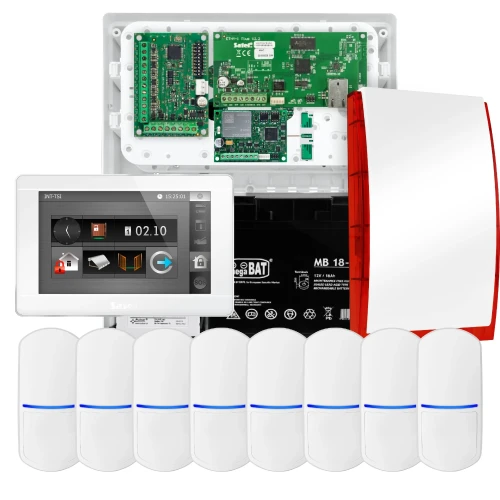 Alarmset SATEL INTEGRA 32, 8x PET-Sensor, Signalgeber, weißer Manipulator INT-TSI-W, LTE-Kommunikation