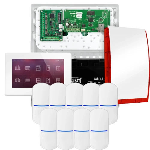 SATEL INTEGRA 32 Alarmset, 9x PET-Sensor, Signalgeber, weißes Bedienteil INT-TSH2-W