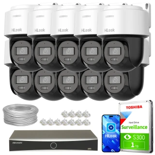 Zestaw do monitoringu składający się z dziesięciu kamer PTZ marki HiLook, rejestratora Hikvision, dysku twardego Toshiba 1TB oraz akcesoriów montażowych. W zestawie znajduje się również przewód i złącza do instalacji.
