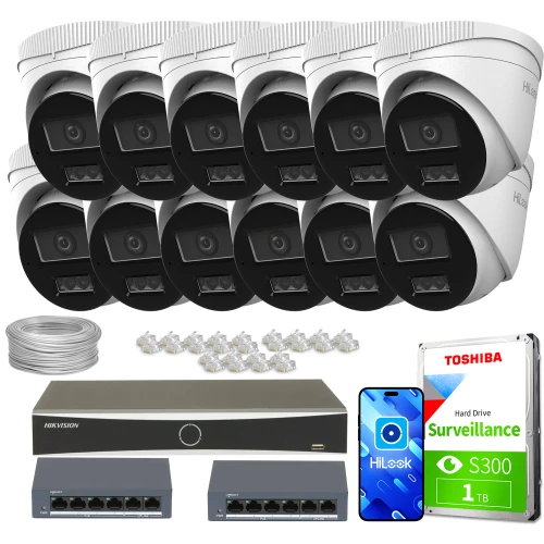 Na zdjęciu znajduje się zestaw do monitoringu, który obejmuje dwanaście kamer, rejestrator, dwa switche, dysk twardy oraz akcesoria montażowe. Kamery są białe z czarnymi elementami, a rejestrator i switche mają ciemną obudowę.