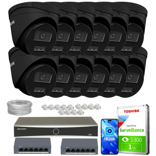 Zestaw do monitoringu składający się z dwunastu czarnych kamer, rejestratora, dwóch switchów, dysku twardego Toshiba oraz akcesoriów montażowych. Na zdjęciu widoczne są również przewody i złącza niezbędne do instalacji systemu.