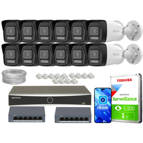Na zdjęciu znajduje się zestaw do monitoringu, w skład którego wchodzi dwanaście kamer, rejestrator, dysk twardy Toshiba oraz akcesoria montażowe. Widoczne są również kable i złącza sieciowe.
