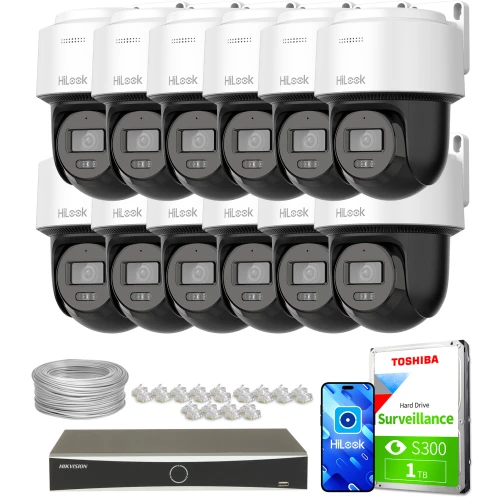 Zestaw do monitoringu składający się z dwunastu kamer HiLook, rejestratora, dysku twardego Toshiba 1TB oraz akcesoriów montażowych. Kamery są ułożone w czterech rzędach po trzy sztuki, a poniżej znajdują się kable, złączki i rejestrator.