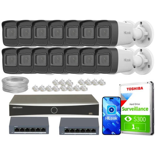 Zestaw do monitoringu składający się z czternastu kamer IP, rejestratora, dwóch switchów, dysku twardego Toshiba oraz akcesoriów montażowych. Na zdjęciu widoczne są również przewody i złącza sieciowe.