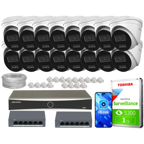 Zestaw do monitoringu składający się z szesnastu kamer, rejestratora, dwóch switchów, dysku twardego oraz akcesoriów montażowych. Na zdjęciu widoczne są również kable i złącza potrzebne do instalacji systemu.