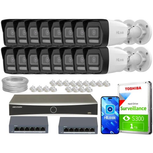 Zestaw do monitoringu składający się z szesnastu kamer IP, rejestratora, dwóch switchów, dysku twardego Toshiba oraz akcesoriów montażowych. Kamery są ułożone w dwóch rzędach, a pozostałe elementy zestawu rozmieszczone są poniżej.