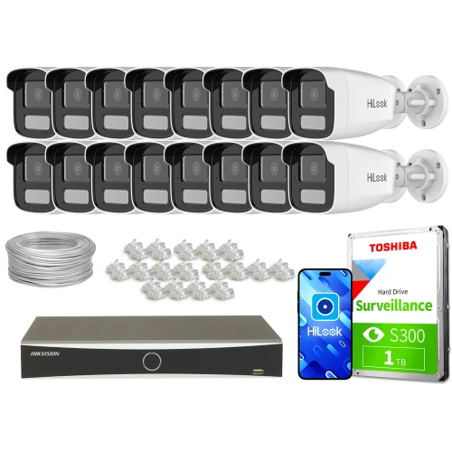 Zestaw do monitoringu składający się z szesnastu kamer HiLook, rejestratora Hikvision, dysku twardego Toshiba o pojemności 1 TB, kabla oraz złączek. Elementy są rozmieszczone na białym tle, prezentując kompletny system nadzoru.