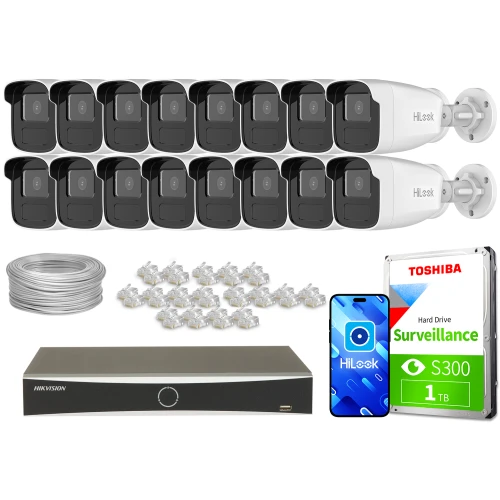 Zestaw do monitoringu składający się z szesnastu kamer, rejestratora, dysku twardego, kabla oraz złączek. Na zdjęciu widoczne są również opakowania produktów marki HiLook i Toshiba.