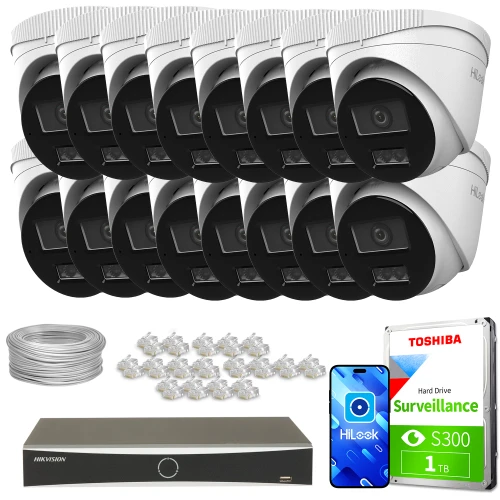 Zestaw do monitoringu składający się z szesnastu białych kamer kopułkowych, rejestratora, dysku twardego Toshiba o pojemności 1 TB, kabli oraz złączek. Kamery są ułożone w czterech rzędach, a pozostałe elementy zestawu znajdują się poniżej.