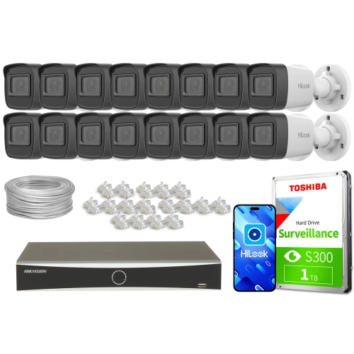 Na zdjęciu znajduje się zestaw do monitoringu, który obejmuje szesnaście kamer, rejestrator, dysk twardy Toshiba oraz akcesoria montażowe. Kamery są ułożone w dwóch rzędach, a obok nich widoczne są kable, złącza i ilustracja smartfona z aplikacją HiLook.