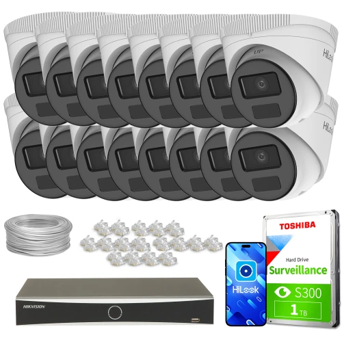 Zestaw do monitoringu składający się z szesnastu kamer kopułkowych, rejestratora, dysku twardego Toshiba 1TB oraz akcesoriów montażowych. Na zdjęciu widoczne są również przewody i złącza niezbędne do instalacji systemu.