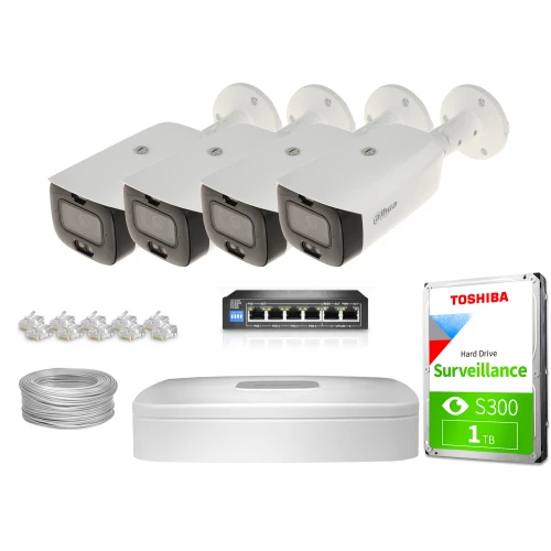 Zestaw do monitoringu składający się z czterech białych kamer, dysku twardego Toshiba, przełącznika sieciowego, kabla oraz złączy RJ45. Wszystkie elementy są rozmieszczone na białym tle, prezentując kompletny system nadzoru.