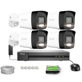 Zestaw do monitoringu składający się z czterech kamer HiLook, rejestratora, dysku twardego Toshiba, kabla, złączek i myszki. Kamery mają nowoczesny design z czarno-białą obudową i wbudowanym oświetleniem.