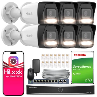 HiLook Hikvision Überwachungskit 6x IPCAM-B8-30DL 4K Smart Hybrid-Light 30m, Erkennung, H.265+