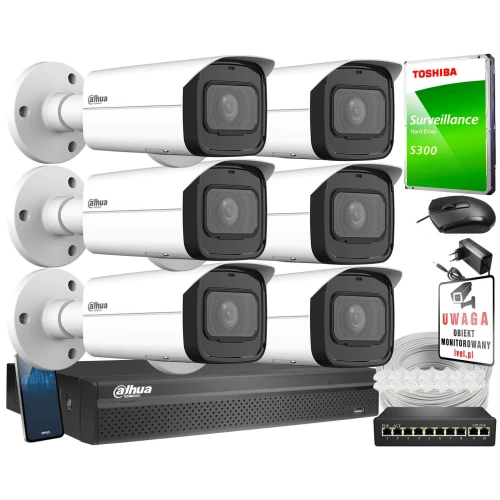 Zestaw do monitoringu składający się z sześciu kamer Dahua, rejestratora, dysku twardego Toshiba oraz akcesoriów takich jak przewody i naklejka ostrzegawcza. Kamery są białe z czarnymi elementami, a cały zestaw jest przeznaczony do systemów nadzoru wizyjnego.