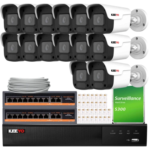 Zestaw do monitoringu składający się z szesnastu kamer, dwóch przełączników sieciowych, dysku twardego oraz rejestratora. Wszystkie elementy są ułożone na białym tle, prezentując kompletny system nadzoru.