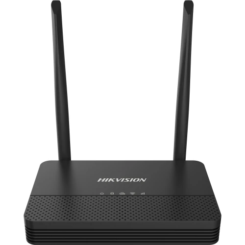 Czarny router marki Hikvision z dwiema antenami skierowanymi do góry. Urządzenie ma perforowaną powierzchnię na przednim panelu i kilka ikon sygnalizacyjnych.