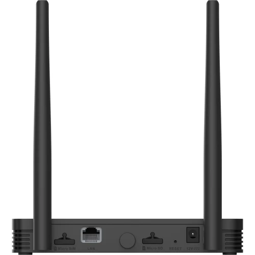 Zdjęcie przedstawia tylną część czarnego urządzenia sieciowego z dwoma antenami, portem LAN, gniazdem na kartę Micro SIM, gniazdem Micro SD, przyciskiem reset i gniazdem zasilania 12V. Urządzenie jest ustawione na białym tle.