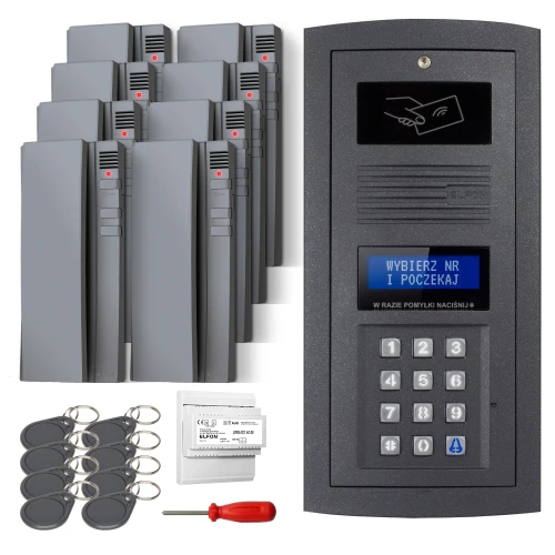 Zestaw domofonowy cyfrowy składający się z panelu z klawiaturą numeryczną, wyświetlaczem i czytnikiem kart zbliżeniowych, kilku szarych unifonów, breloków zbliżeniowych, modułu oraz śrubokręta. Panel główny jest czarny z niebieskim wyświetlaczem, a unifony mają prosty, nowoczesny design.