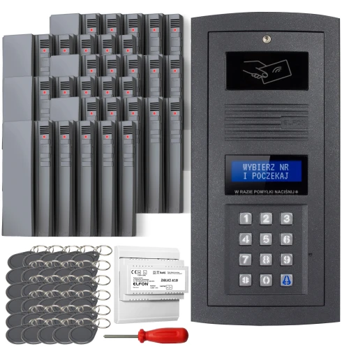 Zestaw domofonowy cyfrowy składający się z panelu z klawiaturą numeryczną i wyświetlaczem, kilkunastu słuchawek domofonowych, breloków zbliżeniowych, modułu zasilającego oraz śrubokręta. Panel główny jest w kolorze czarnym z wyraźnym ekranem i miejscem na kartę zbliżeniową.