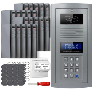 Zestaw domofonowy cyfrowy składający się z panelu z klawiaturą numeryczną, wyświetlaczem oraz zestawu breloków RFID. W tle widoczne są moduły domofonowe, a na pierwszym planie znajduje się śrubokręt i instrukcja.