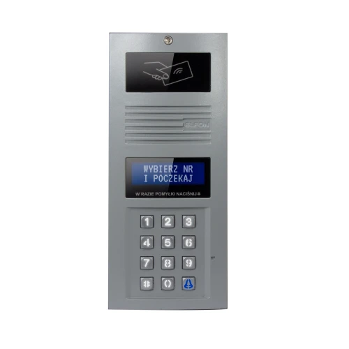 Cyfrowy panel domofonowy z klawiaturą numeryczną i wyświetlaczem LCD, na którym widnieje komunikat "WYBIERZ NR I POCZEKAJ". Urządzenie posiada także ikonę zbliżeniową oraz logo producenta Elfon.