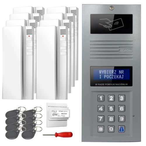 Zestaw domofonowy cyfrowy składający się z panelu z klawiaturą numeryczną i wyświetlaczem, kilku białych słuchawek domofonowych oraz breloków zbliżeniowych. W zestawie znajduje się również śrubokręt i moduł elektroniczny.