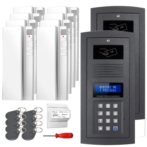 Zestaw domofonowy składający się z dwóch paneli z klawiaturą numeryczną i wyświetlaczem, ośmiu białych unifonów, kluczyków zbliżeniowych, modułu oraz śrubokręta. Panele mają czarne obudowy z miejscem na kartę zbliżeniową, a unifony są w kolorze białym z czerwonymi diodami.