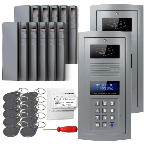 Zestaw domofonowy cyfrowy składający się z panelu z klawiaturą numeryczną, kilku breloków zbliżeniowych, śrubokręta oraz dodatkowych modułów. Panel posiada wyświetlacz z instrukcją oraz miejsce na breloki zbliżeniowe.
