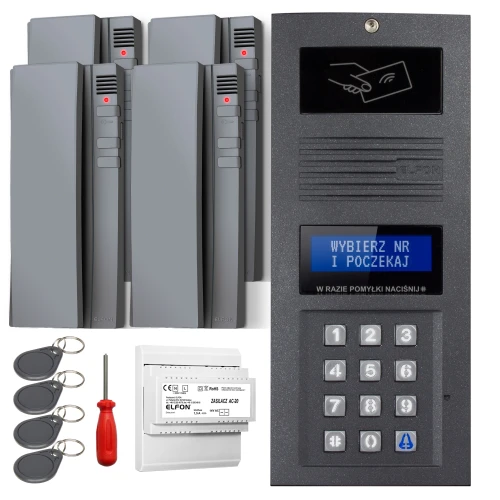 Zestaw domofonowy podtynkowy składa się z panelu z klawiaturą numeryczną, czterech słuchawek, czterech breloków zbliżeniowych, śrubokręta oraz modułu elektronicznego. Panel posiada wyświetlacz z instrukcją oraz ikonę karty zbliżeniowej.