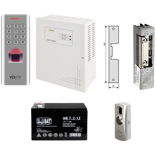 Zestaw kontroli dostępu VIDI-AC-F007-II z podtrzymaniem napięcia, zawierający klawiaturę numeryczną, czytnik kart oraz zasilacz. Komponenty zestawu są przeznaczone do zarządzania dostępem w budynkach.