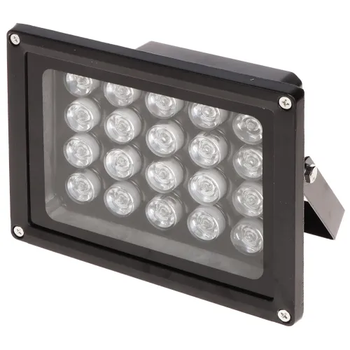 Na zdjęciu znajduje się zewnętrzny reflektor podczerwieni z 18 diodami LED umieszczonymi w prostokątnej, czarnej obudowie. Reflektor posiada metalowy uchwyt montażowy z boku.