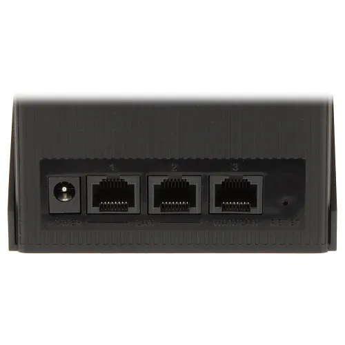 Zdjęcie przedstawia panel złącz urządzenia sieciowego z trzema portami Ethernet oznaczonymi jako 1, 2, 3 oraz gniazdem zasilania. Obok portów znajduje się przycisk reset i oznaczenia LAN oraz WAN/LAN.