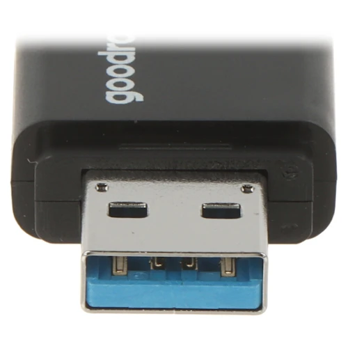 Zdjęcie przedstawia złącze USB 3.0 w czarnym obudowaniu, z niebieskim wnętrzem charakterystycznym dla tego standardu. Produkt jest oznaczony logo "goodram" na obudowie.